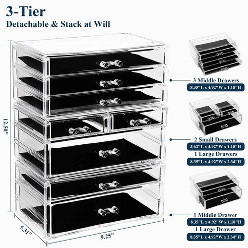 Sea Team 3-Tier Stackable Clear Makeup Organizer with Drawers, Acrylic Plastic Cosmetic Display Case, Jewelry Storage Box, Holder for Dresser, Bathroom, Vanity, Countertop (8 Drawers)