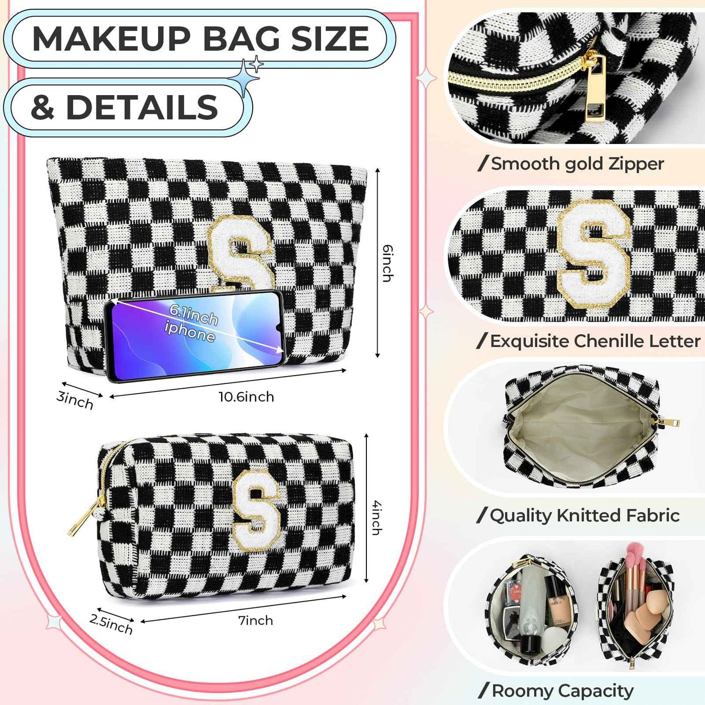 Silongder 2PCS Checkered Makeup Bag for Women Personalized Initial Letter Makeup Bag Travel Toiletry Bag Organizer Cute Makeup Brushes Storage Bag Mother's Day Birthday Gift for Women (Black S)