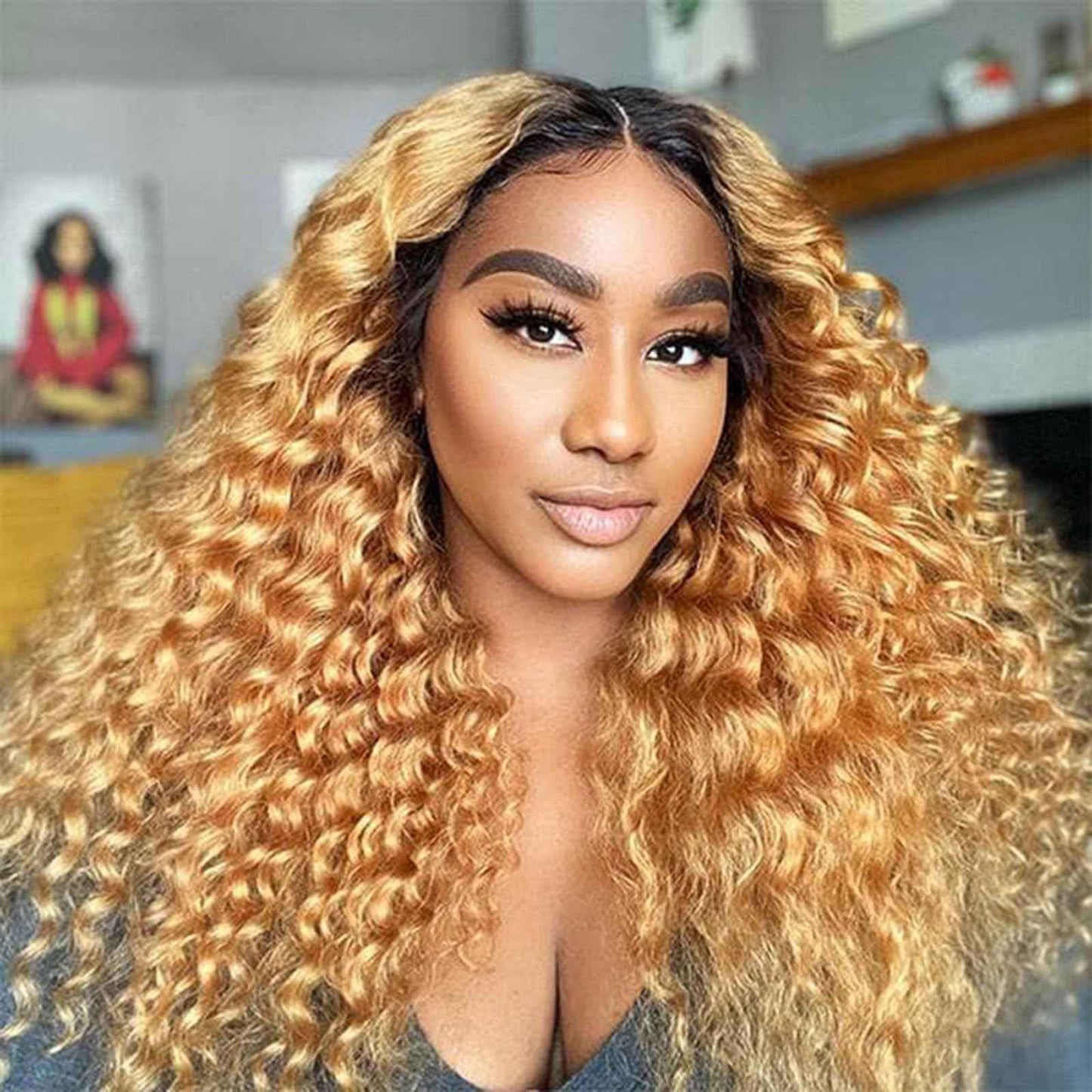 Luxvogue Curly Human Hair Wig Omber T 27 Lace Frontal Closure Deep Curly Human Hair Wig Pre Plucked Pre Cut Lace Frontal Closure Glueless Wigs Elastic Band 200% Density