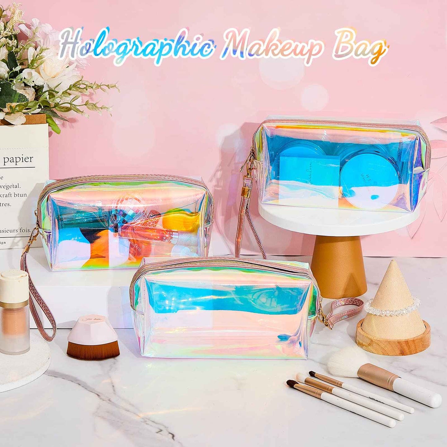 Dunzy 8 Pcs Holographic Iridescent Clear Makeup Bags with Zipper Travel Cosmetic Pouches with Wrist Loop Waterproof Toiletry Organizer Case Home Office Beach Pouch Purse Diaper Vacation Gift Bag(M)