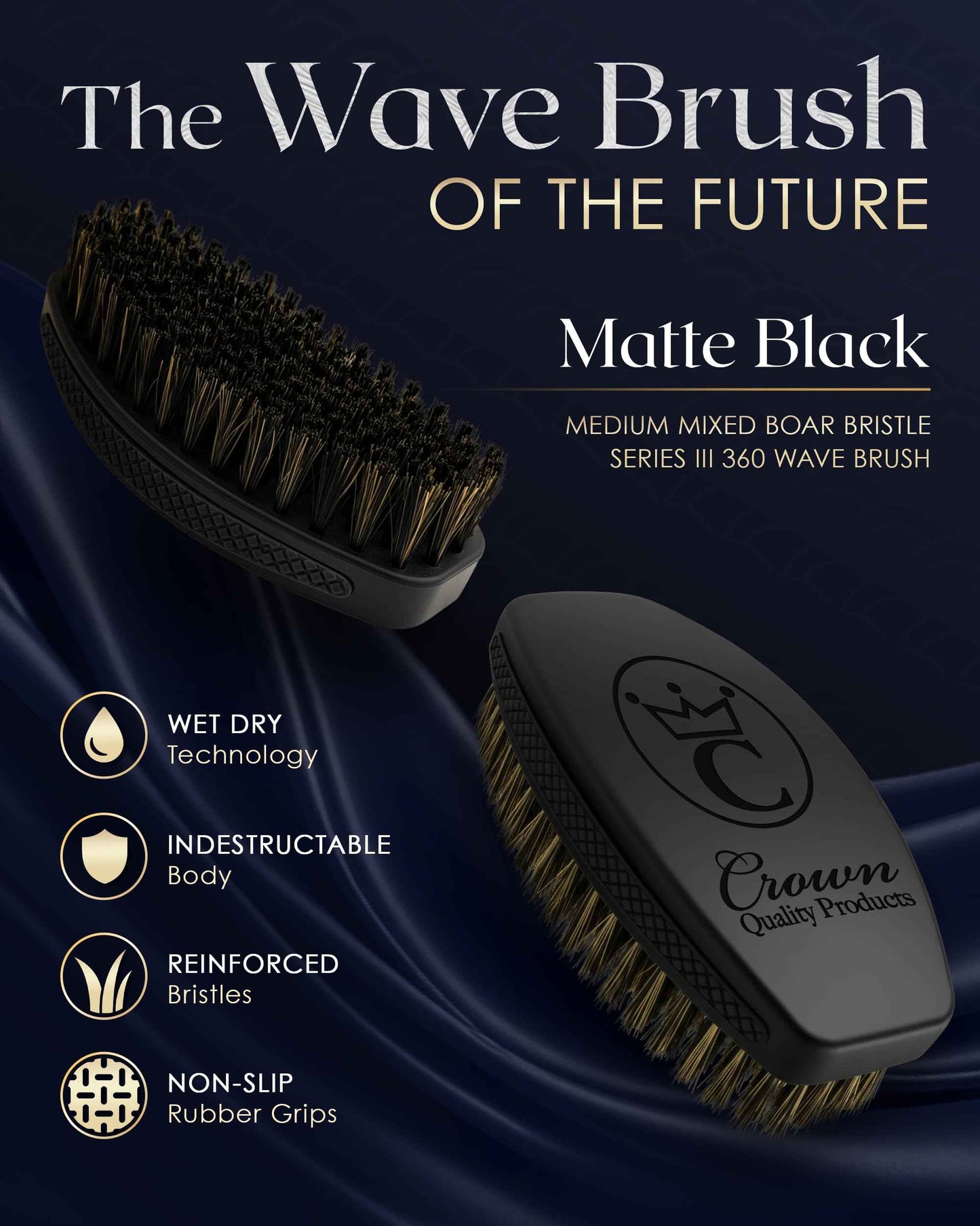 Crown Quality Products 360 Sport Wave Caesar 2.0 Boar Bristle Hairbrush, Medium, Triple Black - Non-Slip Grip, Waterproof Design - The Ultimate 360 Wave Brush
