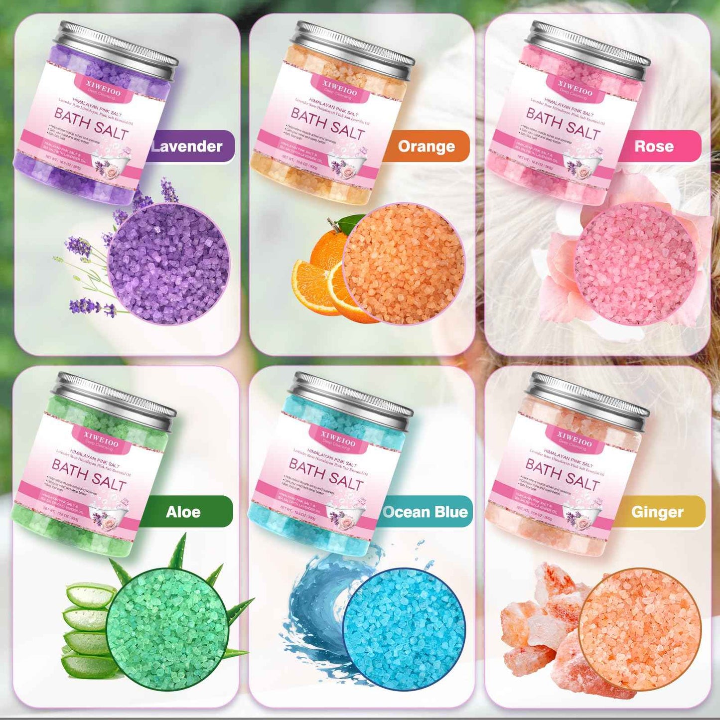 XIWEIOO 6 Pack Bath Salt KIT for Soaking Himalayan Pink Salt Lavender Orange Rose Pink Scent Epsom Salt Bubble Bath for Women Gift with Dead Sea Salt Moisturizing Skin Essential Oil