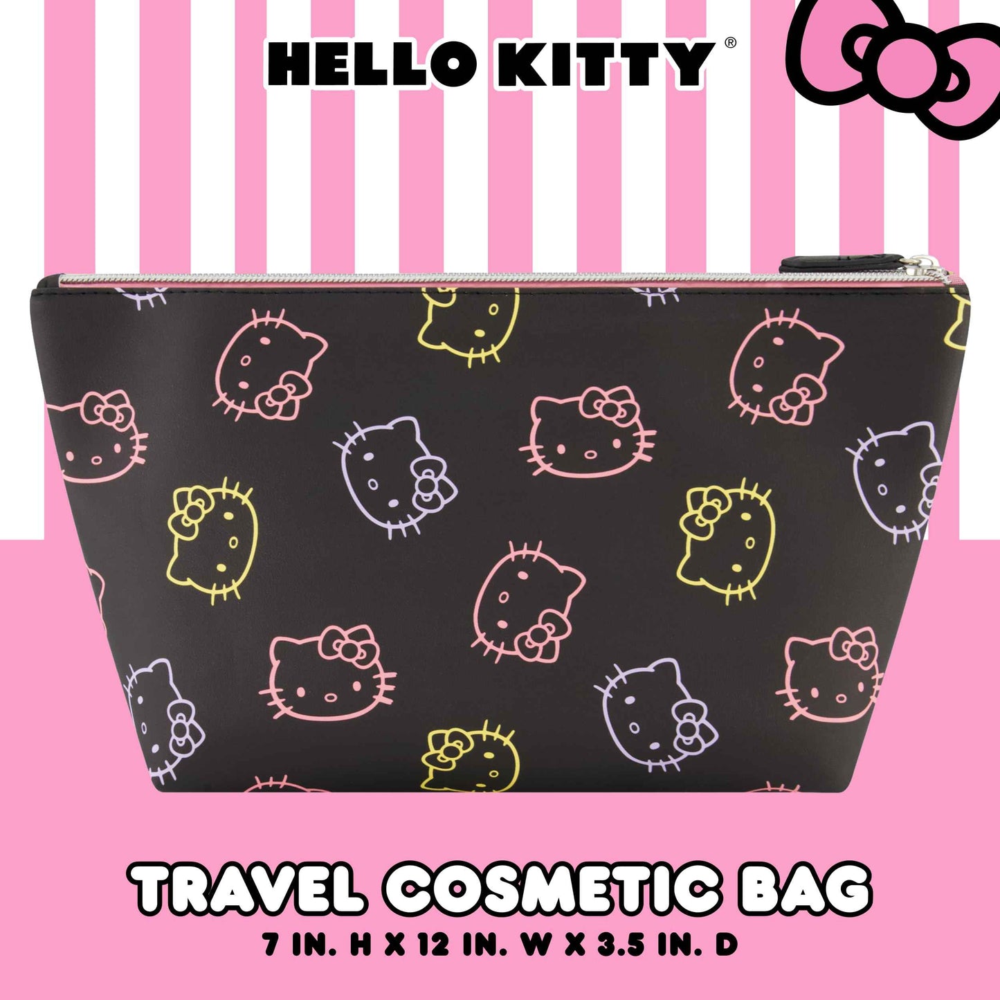 Concept One Hello Kitty Travel Makeup Bag, Trapezoid Cosmetic Organizer Pouch for Women, Black