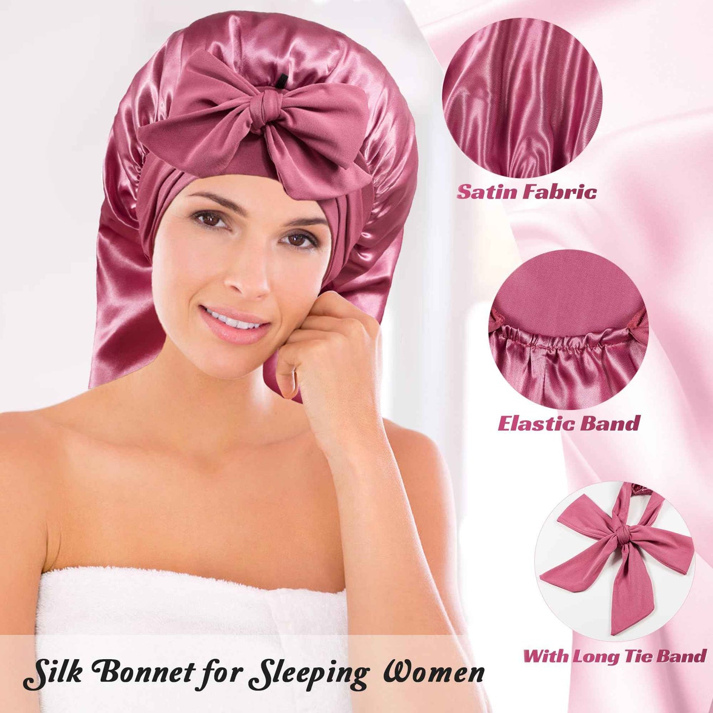 Long Bonnet with Tie Band, Satin Silk Hair Bonnet for Sleeping Women, Sleep Bonnets for Women, Silky Sleep Cap for Curly Hair Braids