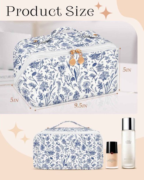 Bistup Makeup Bag Travel Cosmetic Bag Toiletry Make Up Bags Cute Women Large Capacity Big Medium Leather Blue Floral Aesthetic Girl Teen Teenage Foldable Expandable Open Flat Zip