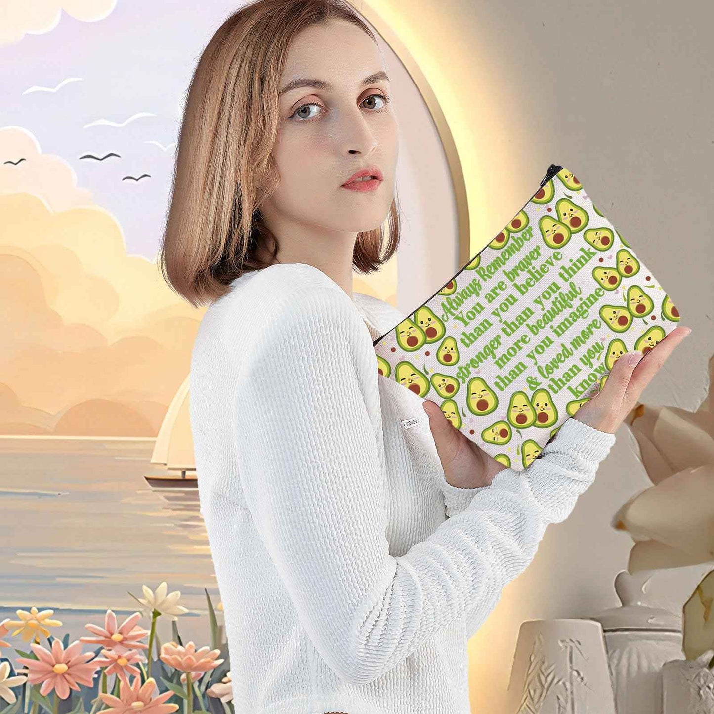 LEVLO Funny Avocado Cosmetic Make up Bag Avocado Lover Inspired Gift Avocado You Are Braver Stronger Smarter Than You Think Makeup Zipper Pouch Bag For Women Girls (Avocado Full Bag)