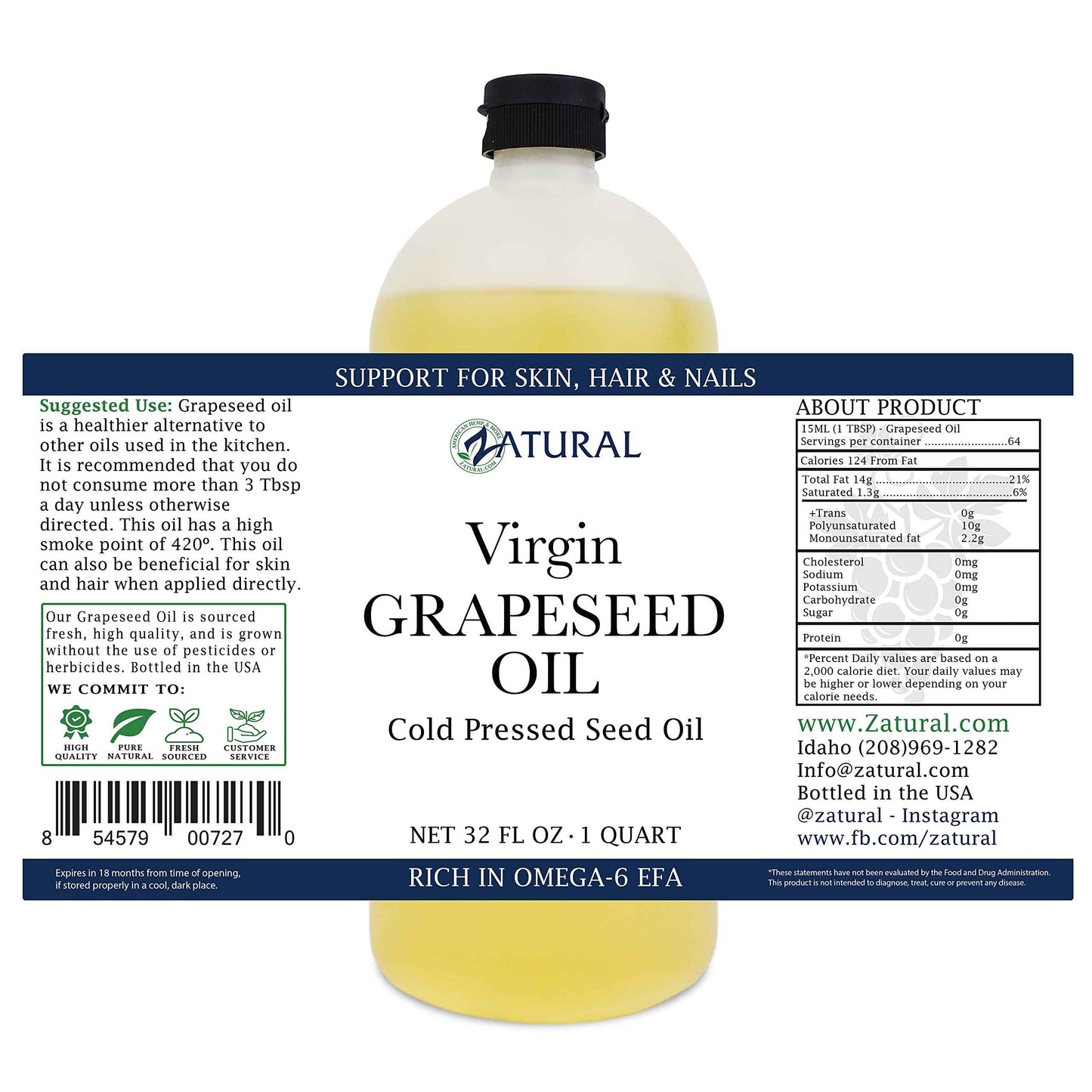 Zatural Grapeseed Oil Naturally Grown 100% Pure Cold Pressed Virgin High Tempurature Cooking Oil (32oz)