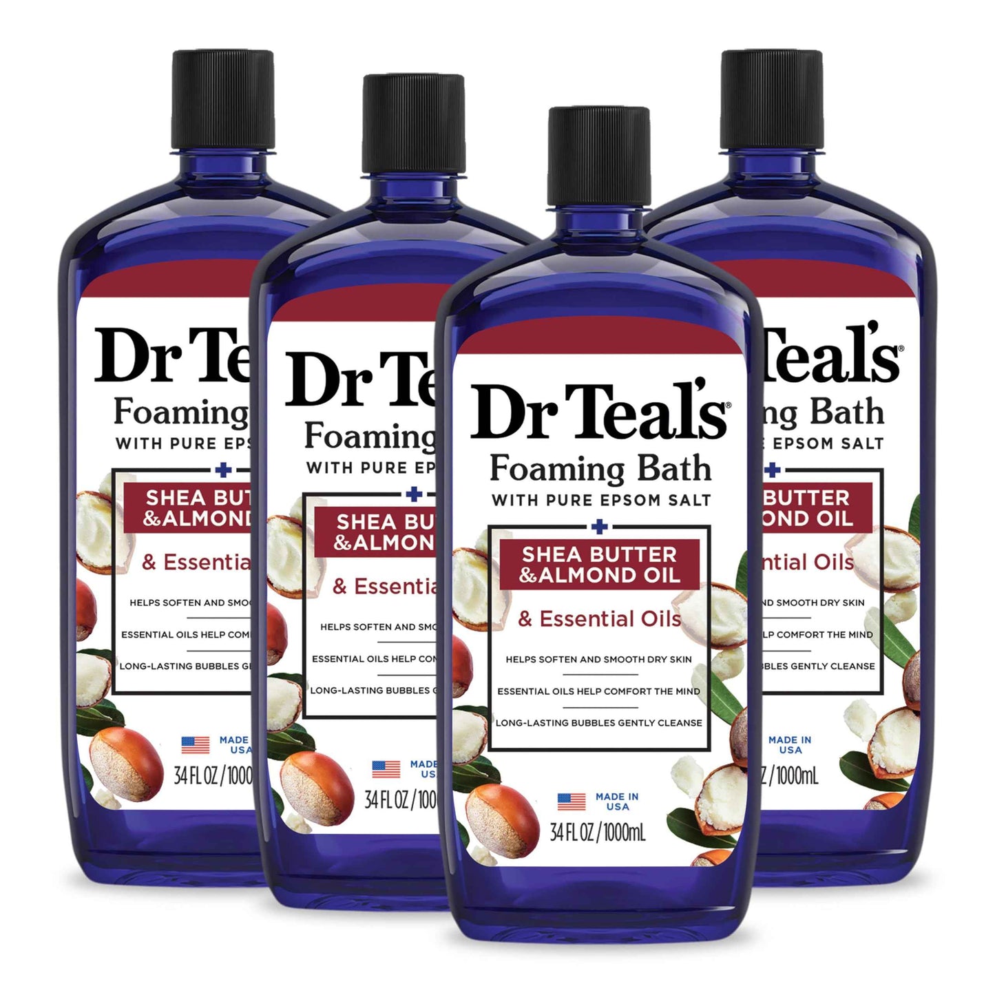 Dr Teal's Foaming Bath with Pure Epsom Salt, Shea Butter & Almond, 34 fl oz (Pack of 4) (Packaging May Vary) & Pure Epsom Salt Soak, Soothe & Comfort with Oat Milk & Argan Oil, 3 lbs