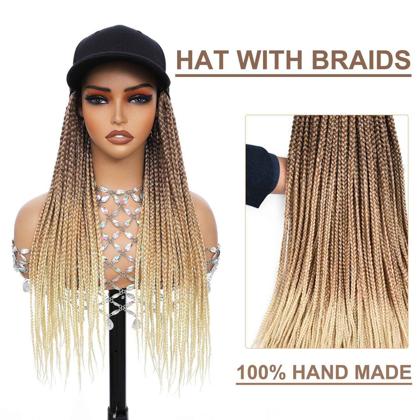 Hat Wig for Women Baseball Cap with blonde Braided Hair Attached Synthetic Box Braid Wig Hat Adjustable Black Cap with 18inch long ombre brown bonde light blonde Braids for Daily Outdoor Halloween Use