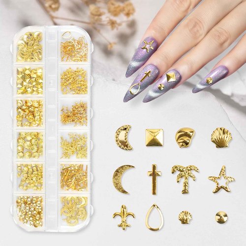 Madenia 600PCS 3D Nail Charms - Gold Silver Star Moon Shell Nail Gems DIY Crafts, Y2K Punk Metal Alloy Rivet Nail Studs for Nail Art Decorations Accessories
