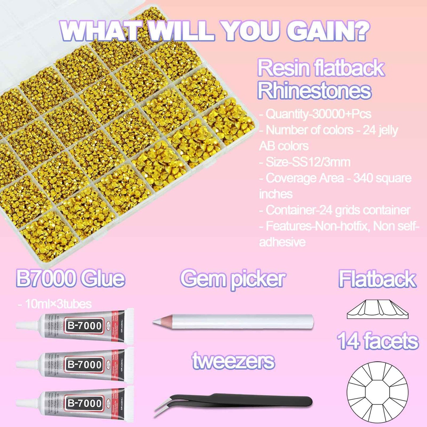 30000+Pcs Resin Jelly Rhinestones for Bedazzling, Gold AB 2-6mm Bedazzler Flatback Gems Kit with 3Pcs 10ml B7000 Jewelry Glue, for Clothing Crafts Tumblers Shoes Book Nail Art