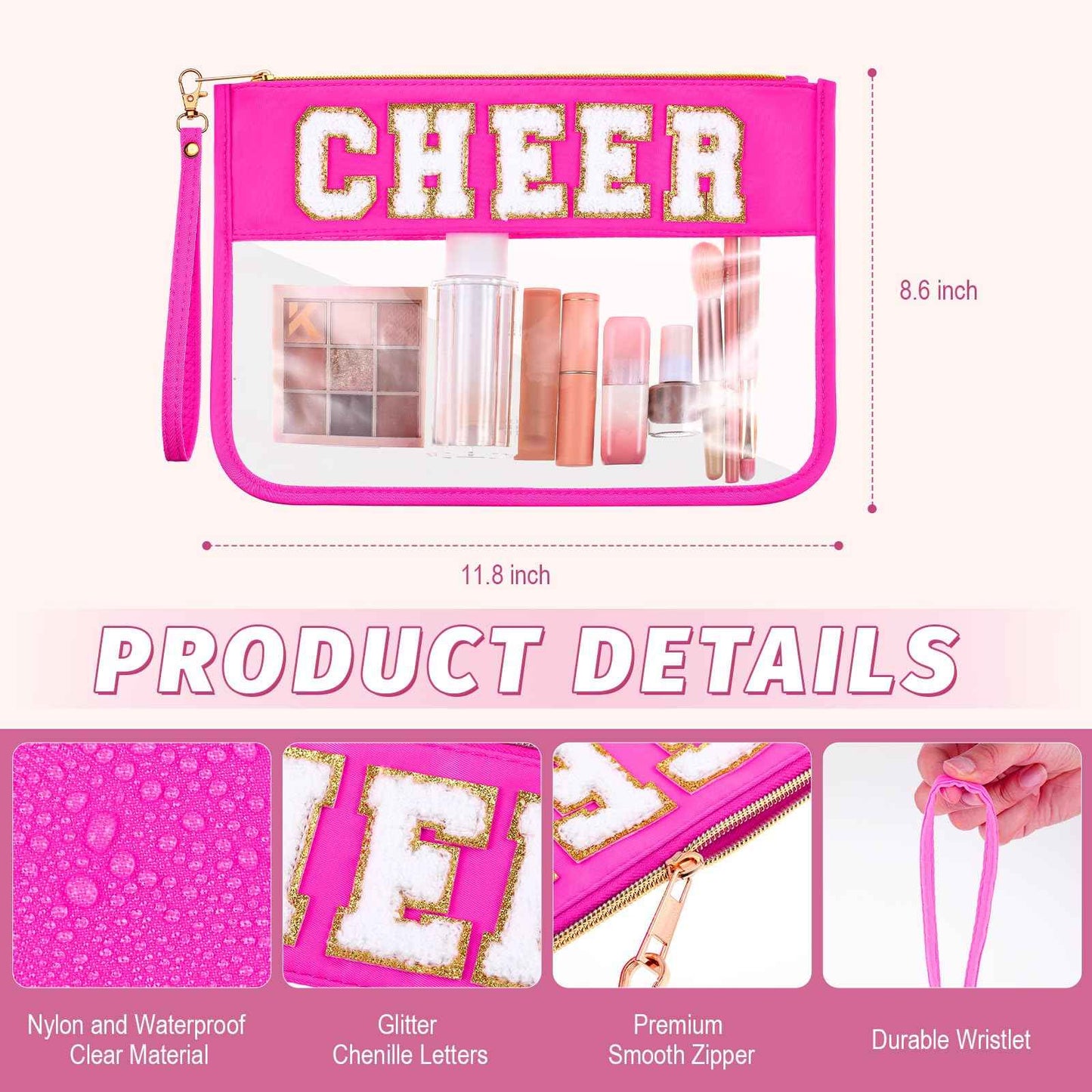 Kacctyen 6 Pcs Cheer Bags Chenille Letter Makeup Bag Cheer Gifts for Stuff Cheerleader, Rose Red Clear Zipper Pouch Cosmetic Toiletry Pouch with Handle for Women Girls Gym Beach Travel(Rose Red,Cheer)