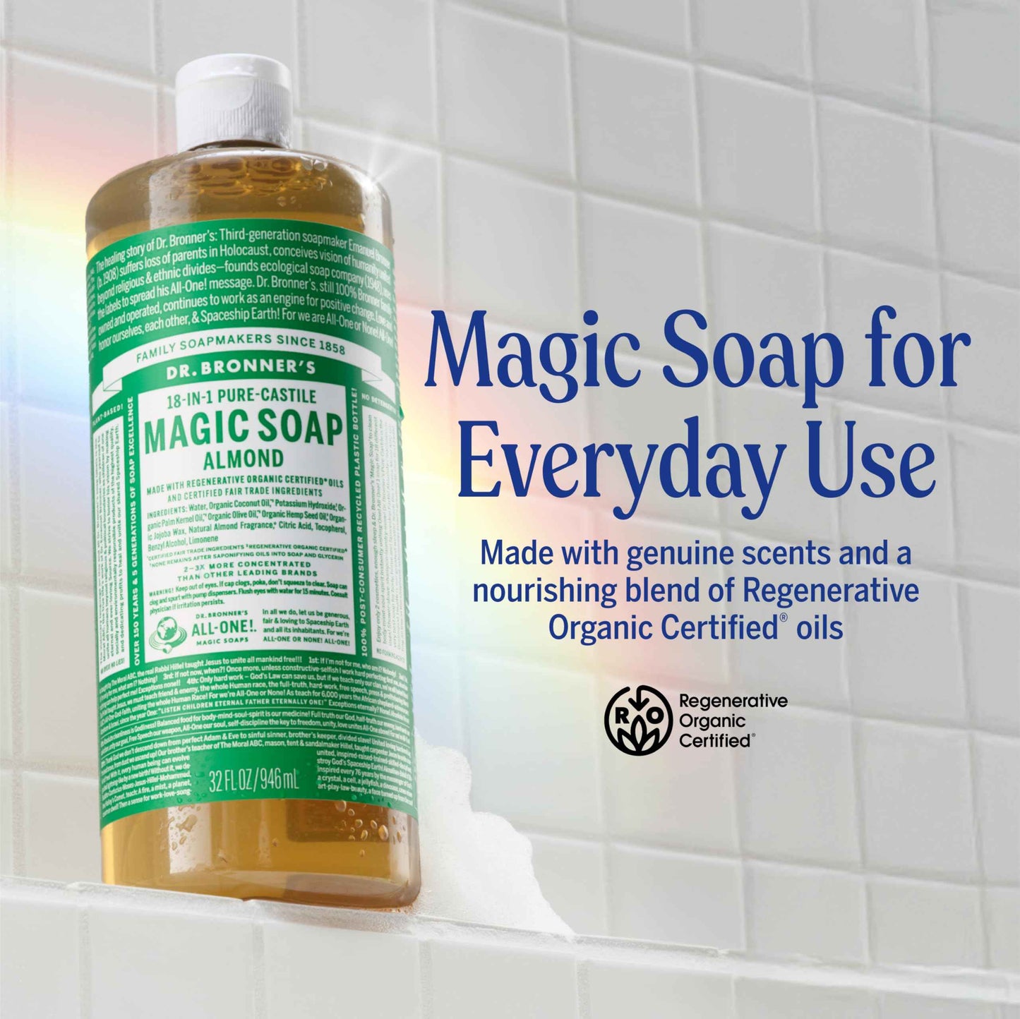 Dr. Bronner's Pure-Castile Magic Liquid Soap (Almond, 32 Ounce, 2-Pack)- Made with Regenerative Organic Certified Oils, 18-in1 Uses: Face, Hair, Hand & Body Soap, Laundry, Pets- Concentrated, Vegan