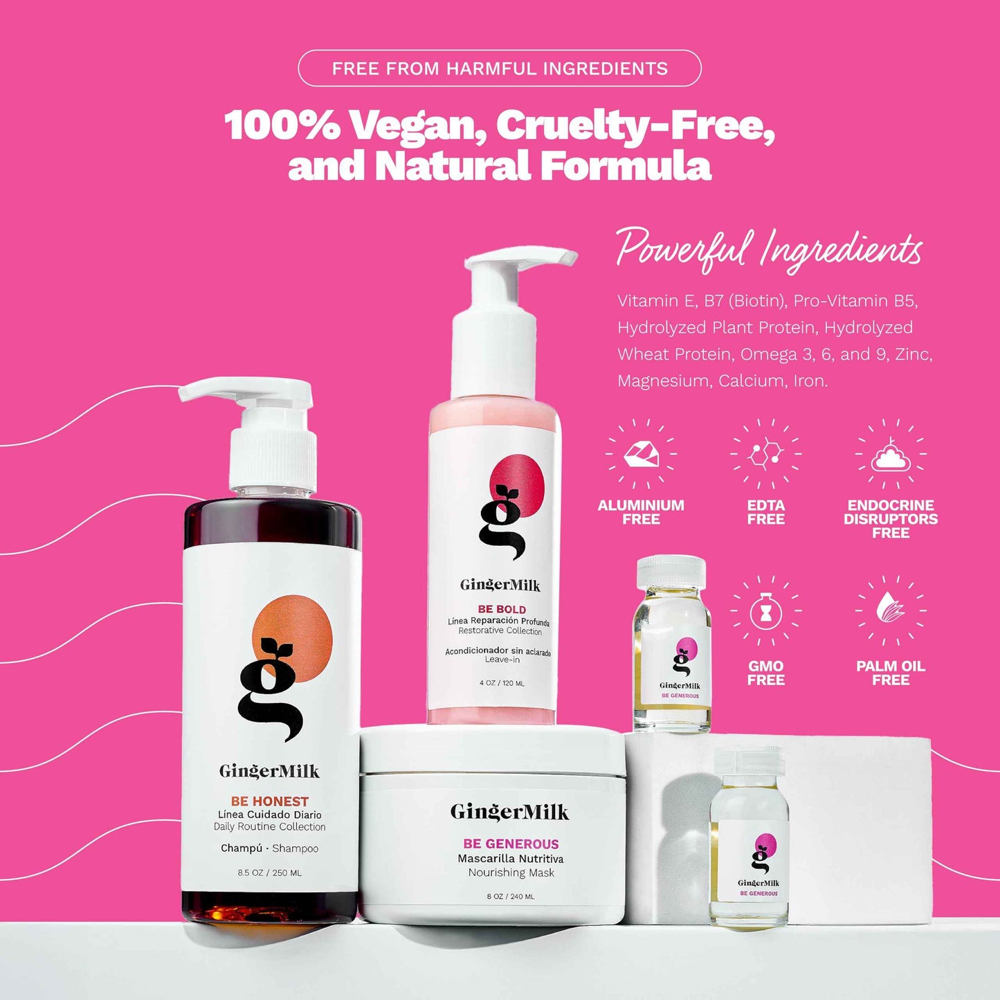 Hair Nourishment Pack SOS by GINGER MILK, Vegan Hair Care Set with pH-Balanced Shampoo 8.5oz, Hair Mask 8oz, Leave-in 4oz & 2 Ampoules | Weak Hair: Nourish, Shine, Strength, Noticeable Results Soon