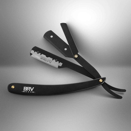 BRV MEN Professional Straight Edge Barber Razor w/ 100 Single Edge Razor Blades | Straight Razors for Men | Barbershop Accessories | Mens Shaving Knife & Shavette - Black