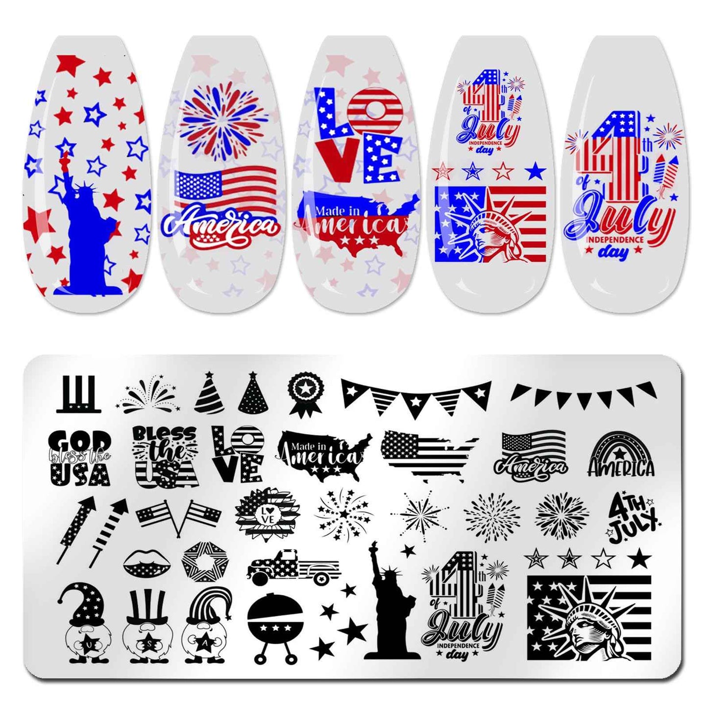 JERCLITY 6pcs 4th of July Nail Stamping Plates Independence Day Nail Stamping Kit Patriotic American Flag Star Statue of Liberty Image Plates Nail Art Design Template Print Nail Stamper Kit for Women