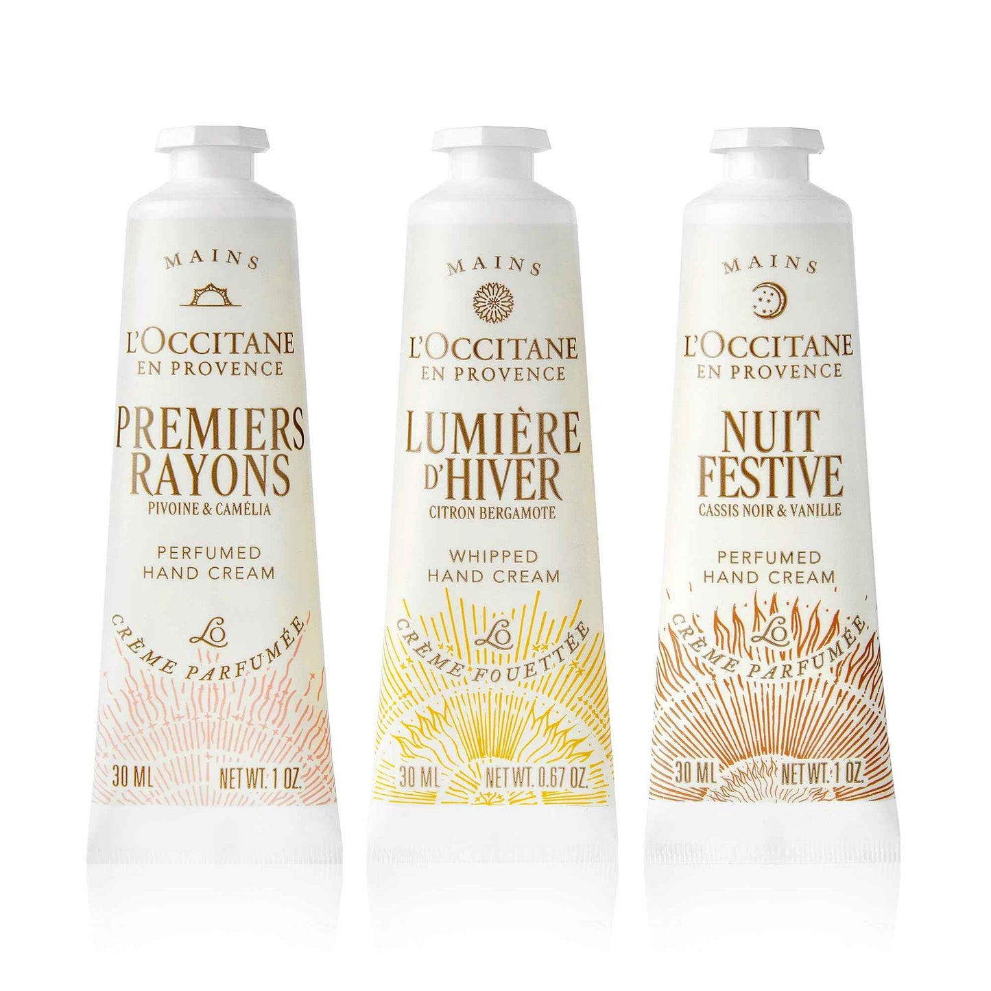 L'OCCITANE Glow & Go Hand Cream Trio: Gift Holiday Hand Creams Featuring notes of Peony, zesty Lemon, & creamy Vanilla.