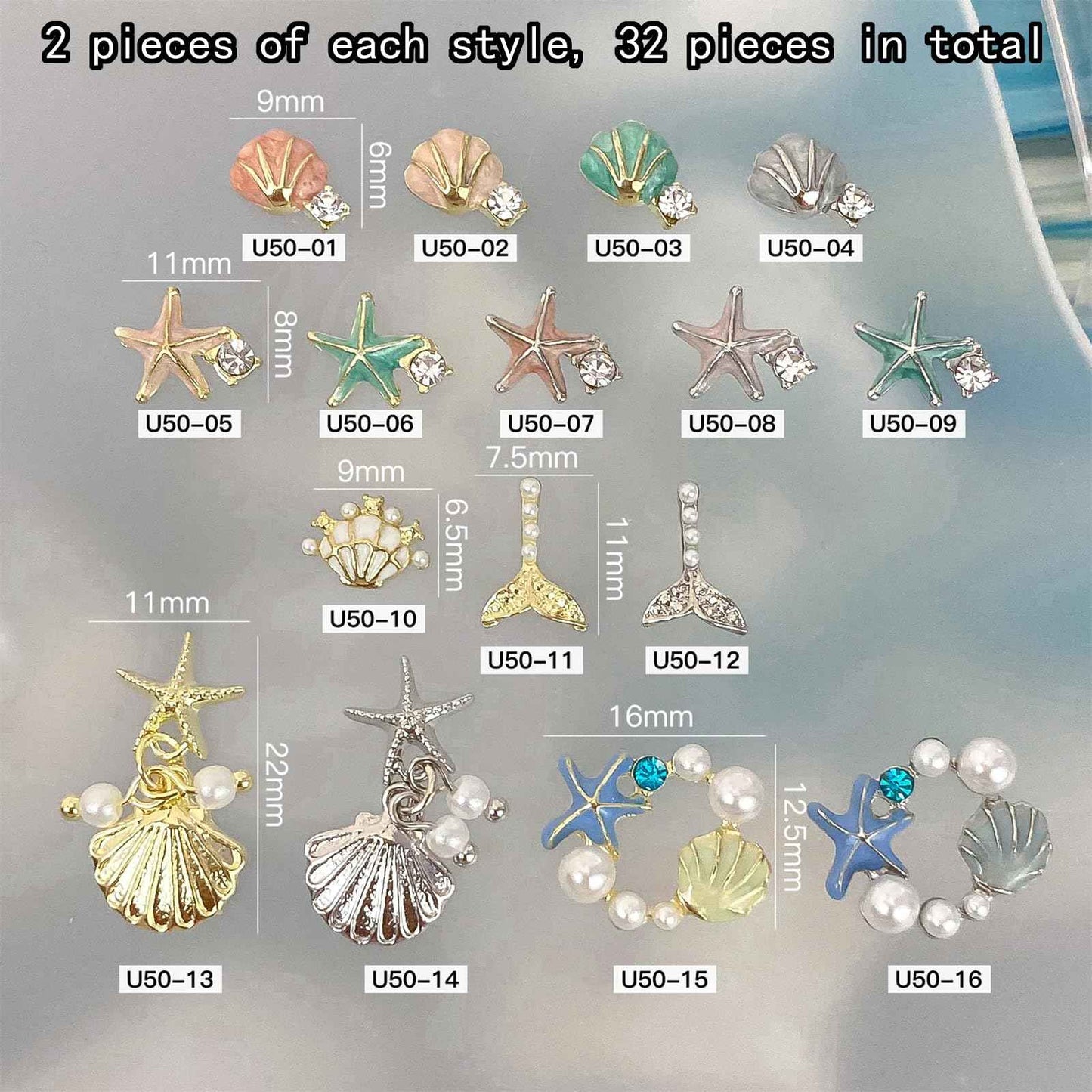 32PCS 3D Summer Beach Art Rhinestones Shell Starfish Fishtail Nail Studs Sea Series Ocean Theme Alloy Nail Charms Supplies for Nail Art Designs DIY Manicure Decoration