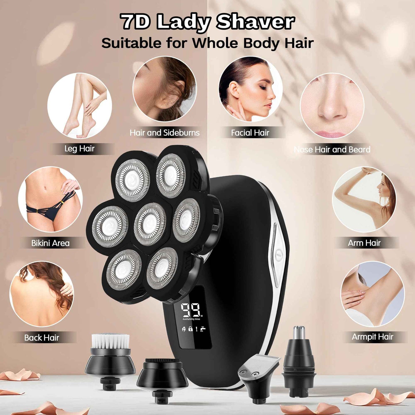 Electric Razors for Women, 7D Electric Shaver for Women, 5 in 1 Lady Shavers, Wet/Dry Bikini Trimmer, Rechargeable Face Razor for Arms Legs Armpit Pubic Area