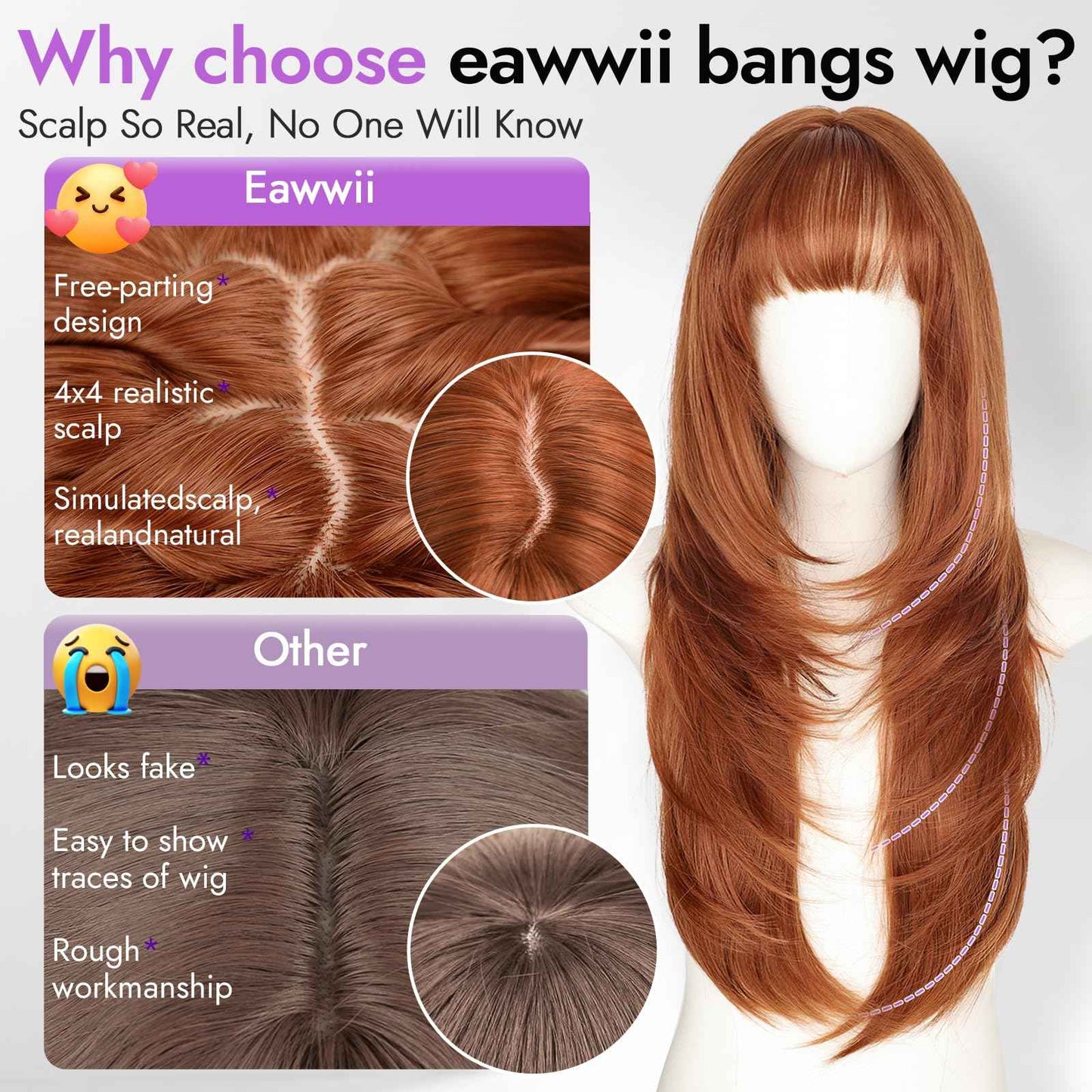 Eawwii Long Ginger Wig with Bangs for Women,4x4 Realistic Scalp, Free Parting,Layered Hairstyle Synthetic Heat Resistant for Daily Party Use 26 inch