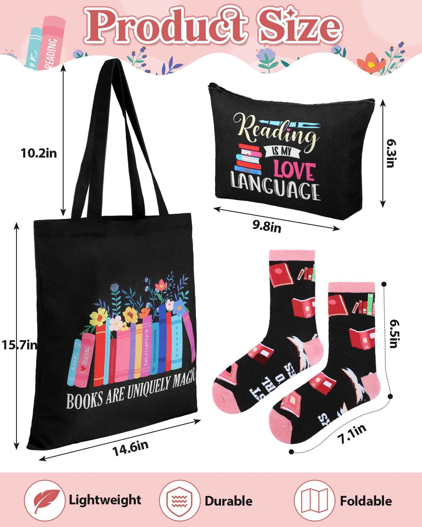 Huhumy 3 Pcs Book Lover Gifts for Women Library Tote Bag Novelty Book Socks Cosmetic Bag Christmas Bookish Gifts for Reading Lovers Librarian Colleagues Teachers Friends Bookworms Authors