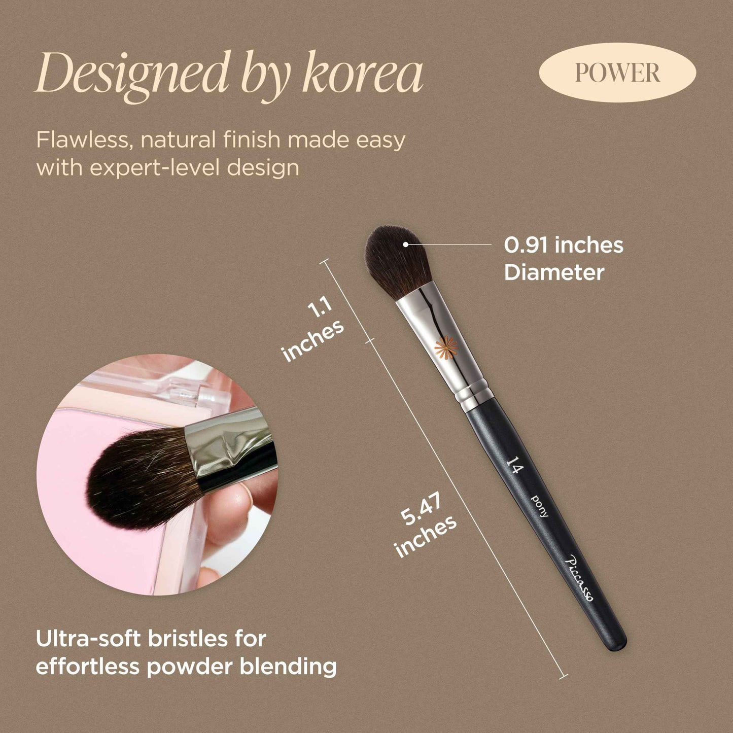 Piccasso PONY14 Makeup Brush– Soft Tapered Blush & Highlighter Applicator for Face Makeup, Fluffy Powder Finish with Soft Hair, Small Size for Precision, Professional Korean Beauty Essential