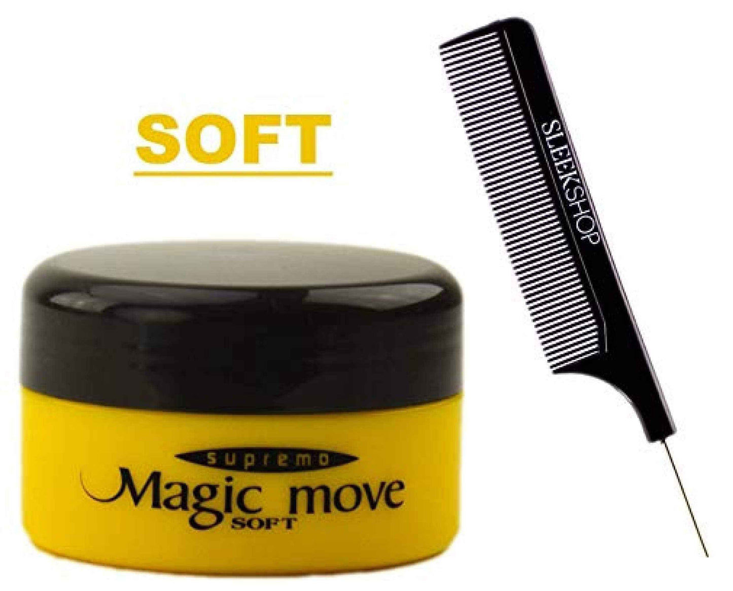 enenfeifei Magic Move Hair Product Cream by Supremo Japan (with Sleek Steel Pin Tail Comb) Japanese Creme Pomade Clay (SOFT (Yellow) - 4.2 oz LARGE)