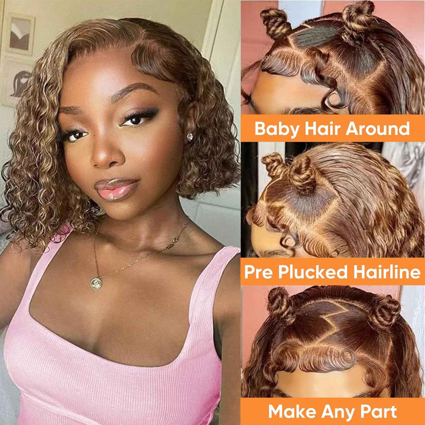 Arseomi Highlight Ombre Bob Wig Human Hair 13x6 Frontal Lace Wig Human Hair 4/27 Honey Blonde Bob Deep Wave Lace Front Wigs for Women Pre Plucked with Baby Hair 6 Inch