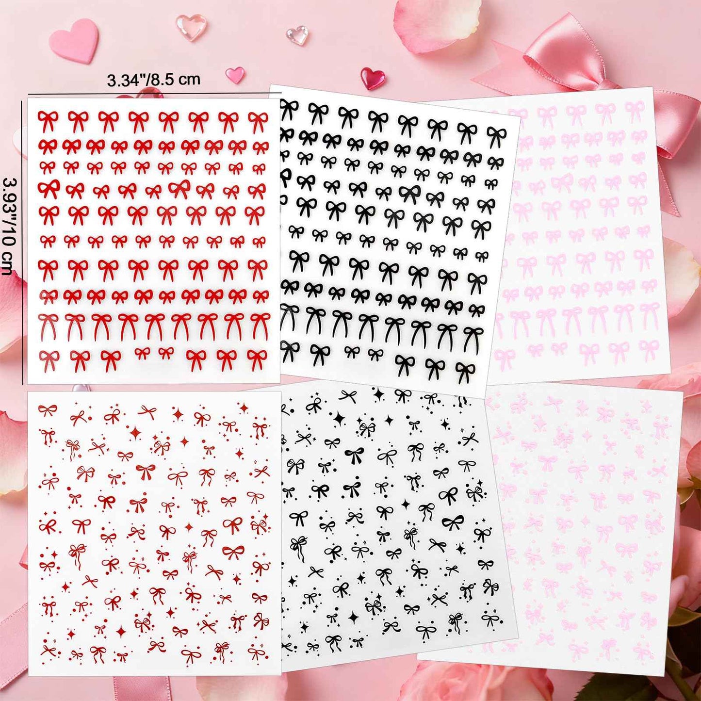 Allstarry Bow Nail Stickers, 6 Sheets Bow Stickers for Nails, Self-Adhesive Glossy Pink Red Black Cute Nail Decals for Women Girl Gift Christmas Valentine’s Day Accessories Decoration