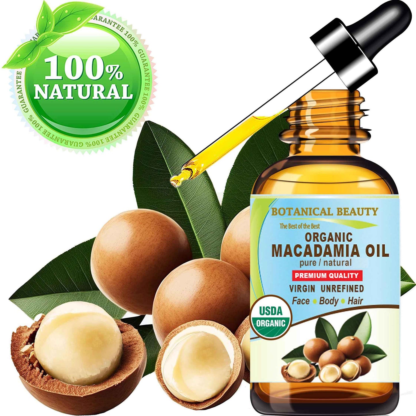 Botanical Beauty Organic MACADAMIA OIL 100% Pure Natural VIRGIN UNREFINED Cold-Pressed Carrier Oil for Face, Skin, Body, Hair, Lip, Nails. Rich in Vitamin E (4 Fl Oz)