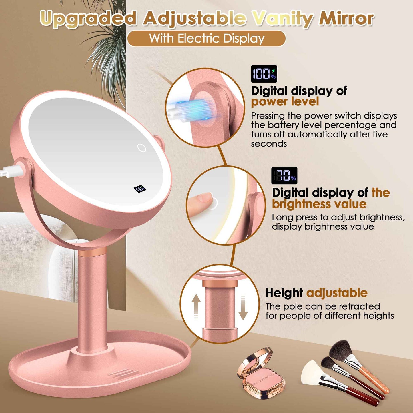 MIYADIVA Makeup Mirror with Lights, 30X/1X Magnifying Mirror with Digital Display, Height Adjustable Tabletop Mirrors, Detachable for Travel, Vanity Mirrors with Phone Holders, Rose Gold