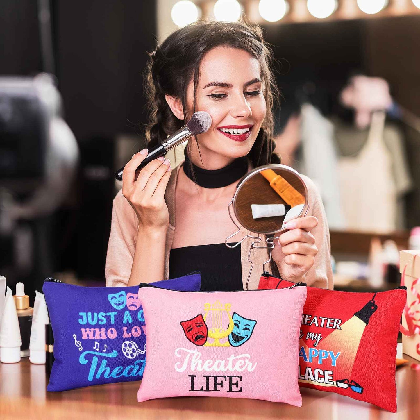 Reginary 12 Pcs Theater Makeup Bags Bulk Theater Gifts for Women Musical Broadway Cosmetic Bags Zipper Pouch Drama Comedy Tragedy Mask Gifts for Theatre Lovers Actors and Students
