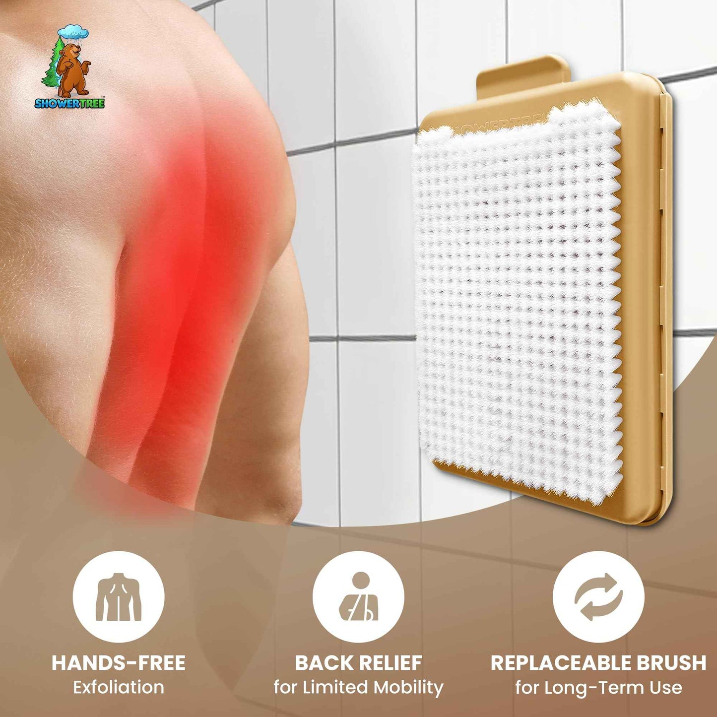 ShowerTree Wall-Mounted Back & Body Shower Scrubber | Replaceable Brush with Exfoliating Bristles for Back & Skin Care (Tan)