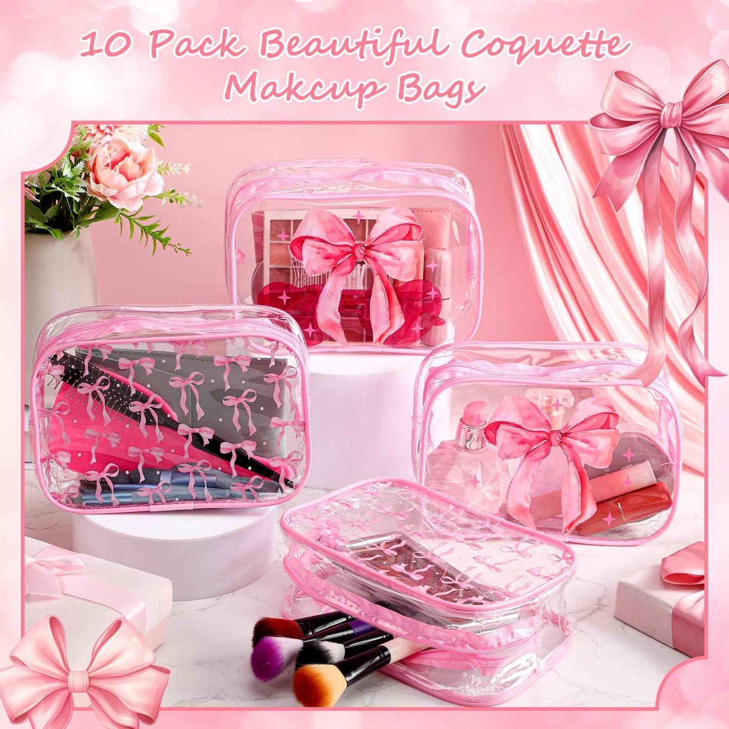 Kacctyen Pink 10 Bow Clear Makeup Bag Coquette Cosmetic Bag for Women Girl Christmas Preppy Bow Gift Accessories PVC Waterproof Travel Toiletry Pouch for Stocking Stuffer Bridal Wedding