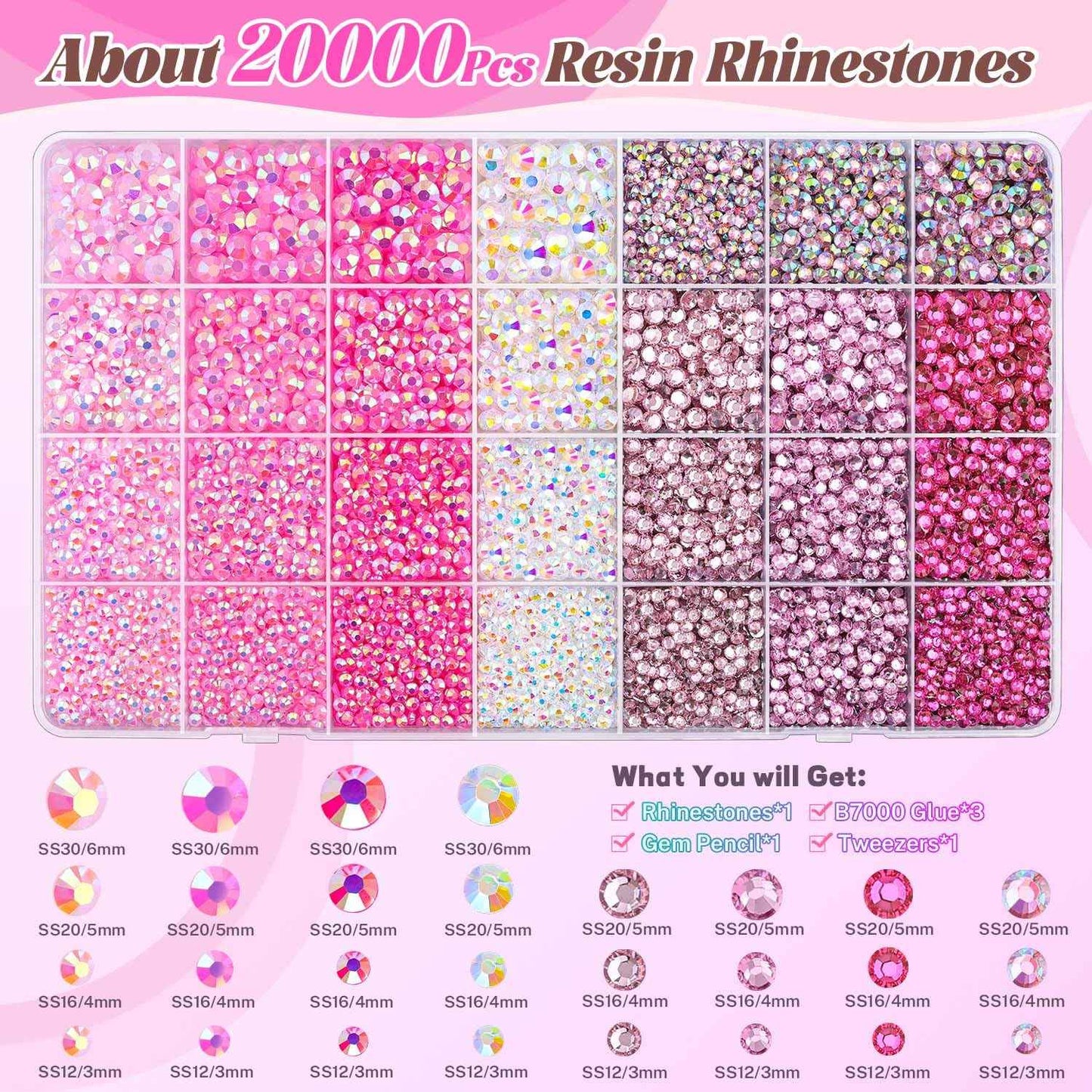 20000Pcs Pink Rhinestones for Bedazzling with 3Pcs B7000 Jewelry Glue, Resin Rhinestones for Crafting Crafts,Bedazzler Kit Flatback Gems for Clothing Shoes Tumblers Nail Art