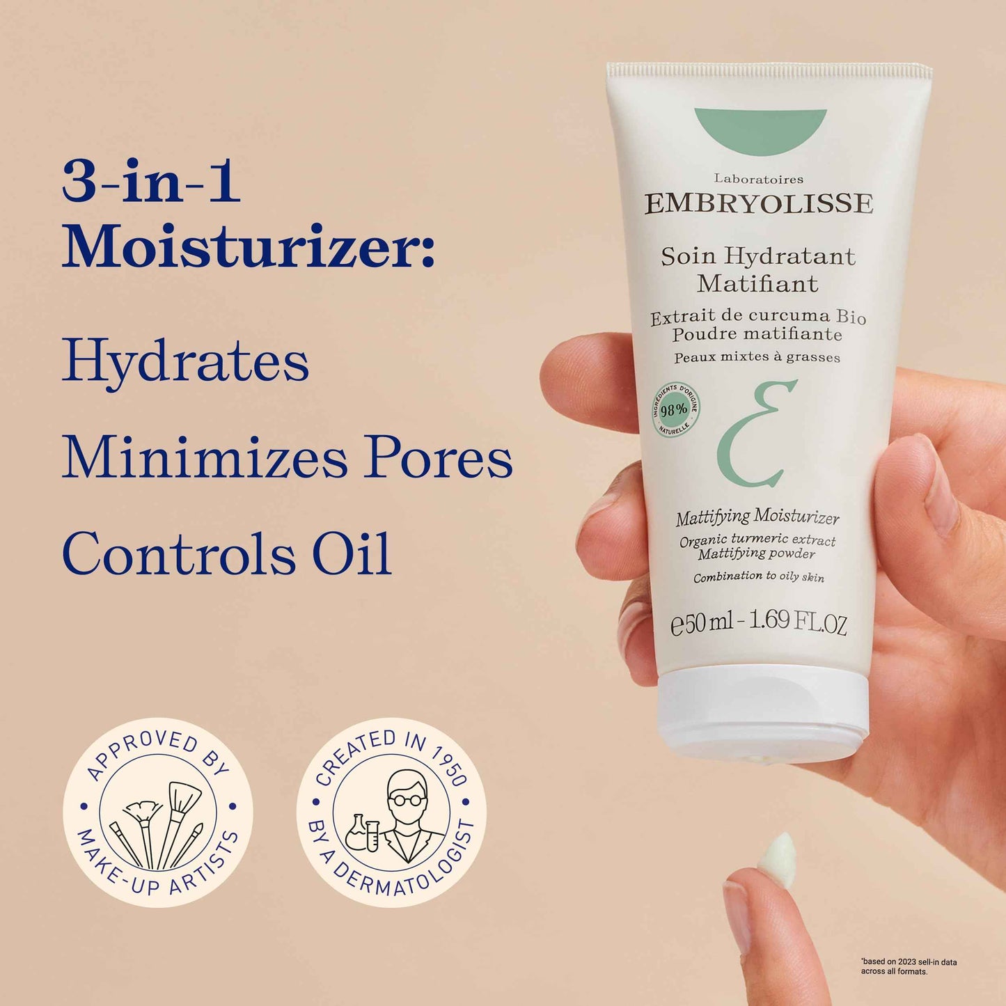 Embryolisse Mattifying Moisturizer, Oil-Control Face Cream with Organic Turmeric Extract. Lightweight Hydration, Non-Comedogenic for Oily & Combination Skin, 1.69 Fl Oz