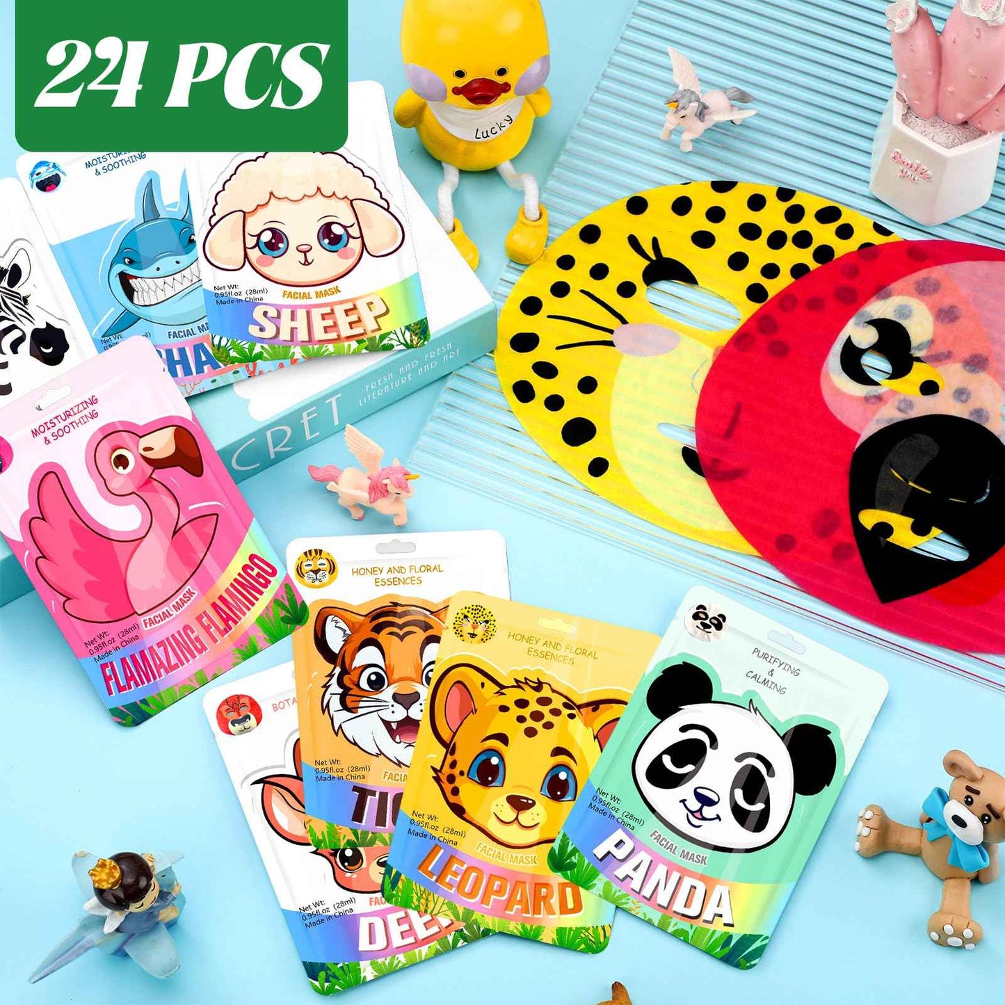 Dansib 24 Pcs Animal Face Masks Bulk Spa Sheet Skincare Facial Mask Funny Face Skin Care for Women Girls Sleepover Slumber Party