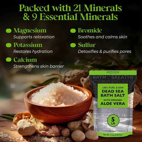 Aromasong 5 lbs Raw Dead Sea Salt with Organic Aloe Vera, not Cleaned, Still Contains All Dead sea Minerals Including Dead sea Mud, Fine Medium Grain Large resealable Bulk Pack (Packaging May Vary)