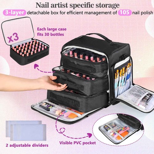ZWRTU Extra Large Nail Polish Organizer Case Holds 105 Bottles with 3 Removable Pouches for Manicure Tools, Supplies, Nail Lamp, Gift for Girls