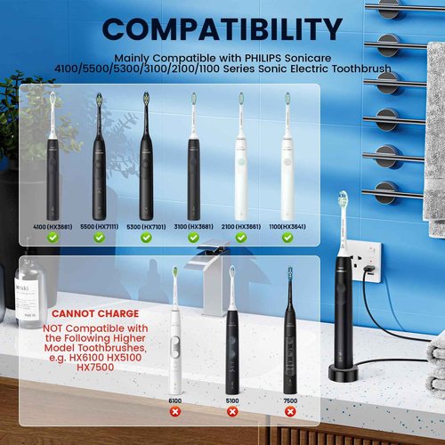 Replacement Charger Base Compatible with Philips Sonicare 5500 5300 4100 3100 2100 1100 Series Rechargeable Electric Toothbrush HX3681 Power Brush USB Waterproof Charging Base Power Cord - Black