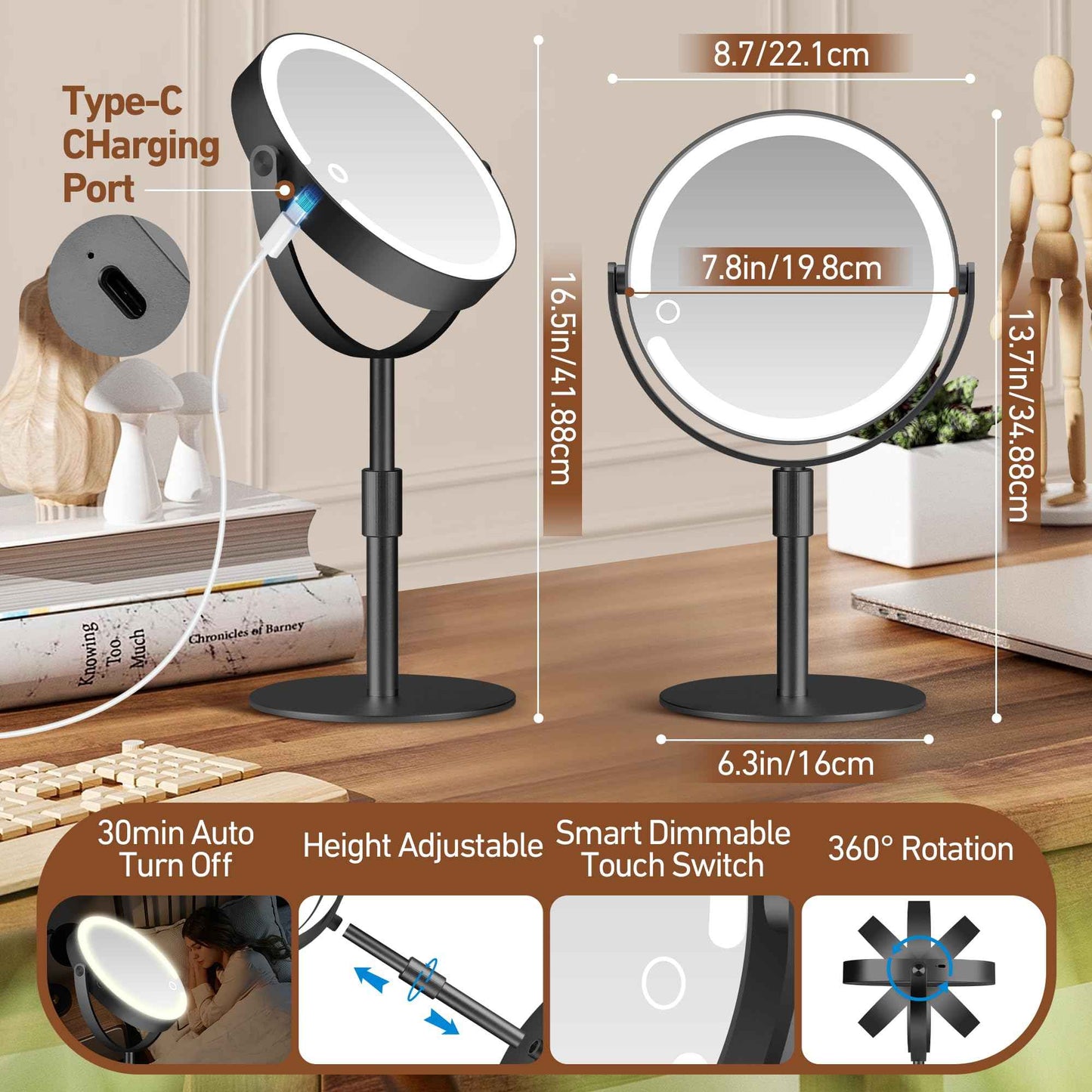 MOMOKUBA Magnifying Mirror with Light 20X, Height-Adjustable Lighted Makeup Mirror with Magnification, Double - Sided Aluminum Alloy LED Mirrors, 3 Lighting Modes Ideal for Bathroom Make-up, Black