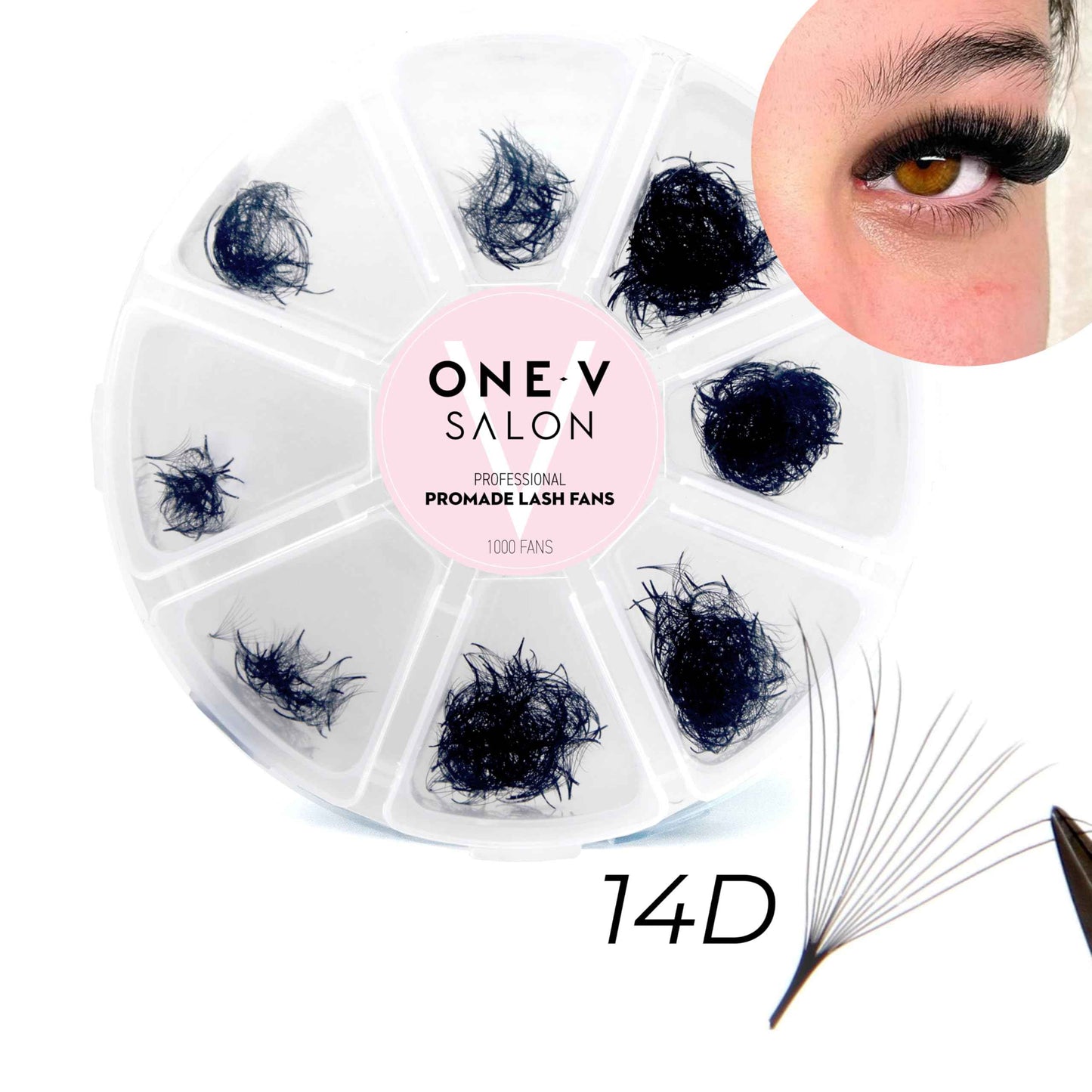 One V Salon Pro 14D Promade Loose Fans, 1000 Premade Extreme Mega Volume Lash Fans | C Curl | 0.05 mm | 8–15 mm Mixed Lengths | Thin Base, Hand-Crafted Eyelash Extensions(14D-0.05-C-Curl)