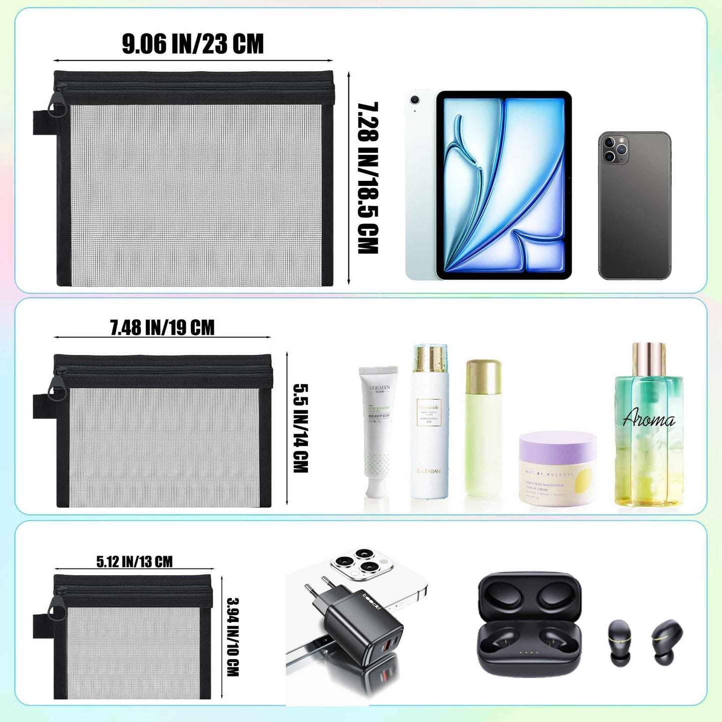 HORNYPOOT 3 Pcs Mesh Zipper Pouch Bags,Small Zipper Mesh Bags,Nylon Mesh Pouch Coin Purse Cosmetic Case,Travel Toiletry Bag for Daily Toiletries Office Supplies (3pcs Black-(S M Large), 3)