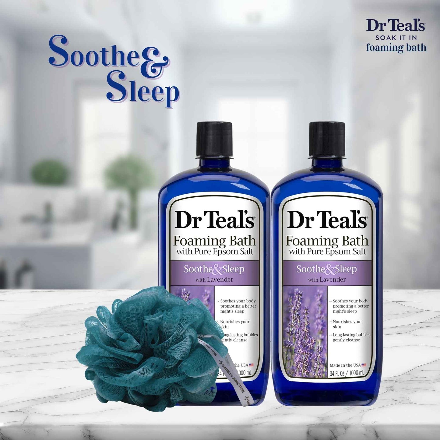 Dr. Teal's Lavender Foaming Bath 34 oz (Pack of 2) with Variety Junction Premium Bath and Shower Sponge, Soothing & Relaxing, Bubble Bath, Soaking Bath, Men's and Women's, Clear