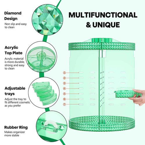 HEMTROY 360 Degree Rotating Makeup Organizer, Extra Large Capacity Organizador De Maquillaje, Removable DIY 7 Layers Cosmetics Organizer, Acrylic Perfume Organizer for Vanity Countertop (Green)