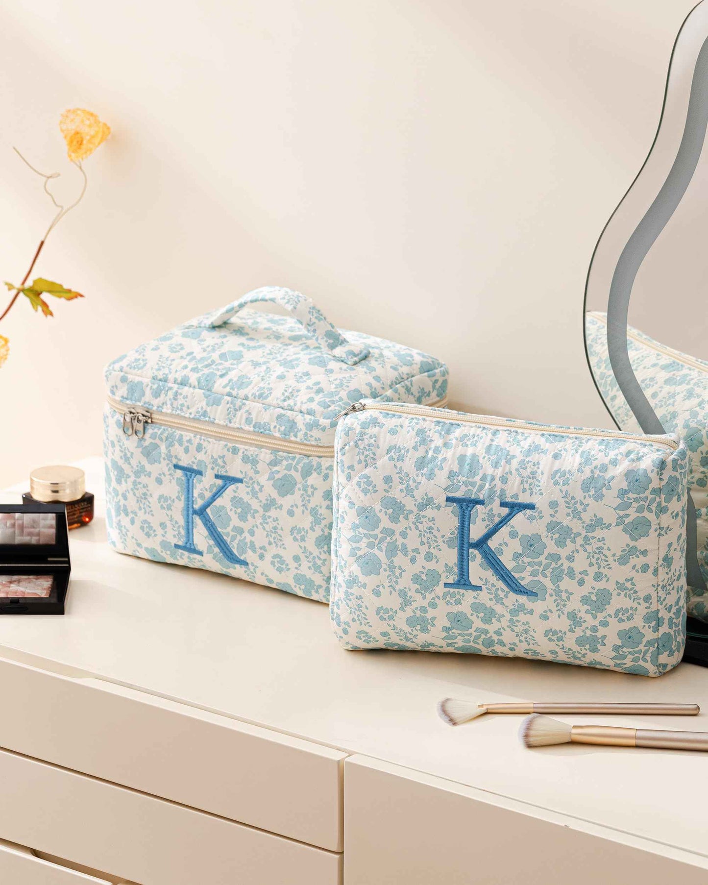 HBselect 2Pcs Initial Quilted Cotton Large Travel Cute Floral Coquette Makeup Cosmetic Toiletry Bag for Women Girls