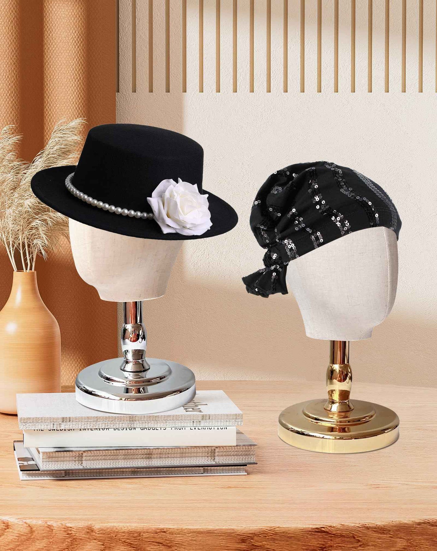 UnPinnable Wig Head Stand 21 Inch Mannequin Head Hat Stand Canvas Block Head Hat Mannequin Head Display Fabric Wig Holder Display Heads for Wigs, Hats, Caps, Headdress, Masks, Detachable Chrome Stand