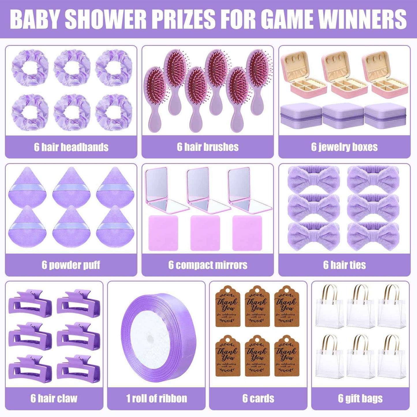 Knitgrip 55 Pcs Baby Shower Prizes for Winners Prizes Gifts Including Headband Hair Brush Jewelry Box Compact Mirror Powder Puff Hair Tie Claw Gift Bag for Baby Wedding Bridal Shower(Purple)