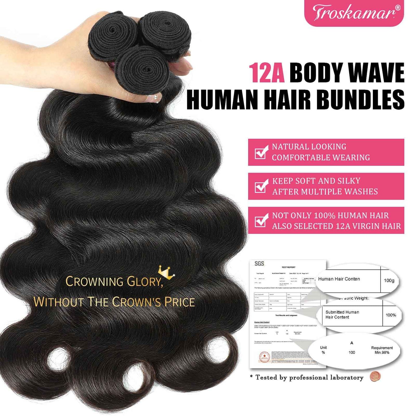 Troskamar Human Hair Bundles 18 Inch Body Wave Bundles Human Hair 100% Unprocessed 12A Brazilian Raw Virgin Hair Single One Bundle Real Human Hair Extensions Natural Color