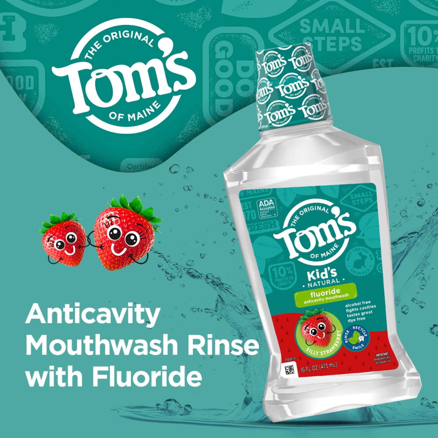 Tom's of Maine Children's Anticavity Fluoride Rinse Mouthwash, Silly Strawberry, 16 Fl Oz (Pack of 6) (Packaging May Vary)